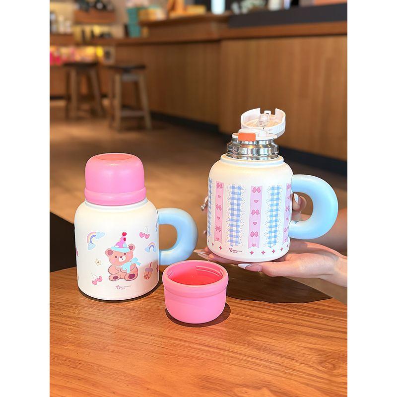 Desktop Large Capacity Vacuum Cup Girls' Double Drinking Straw Mug with Lid Office Good-looking Water Cup with Handle