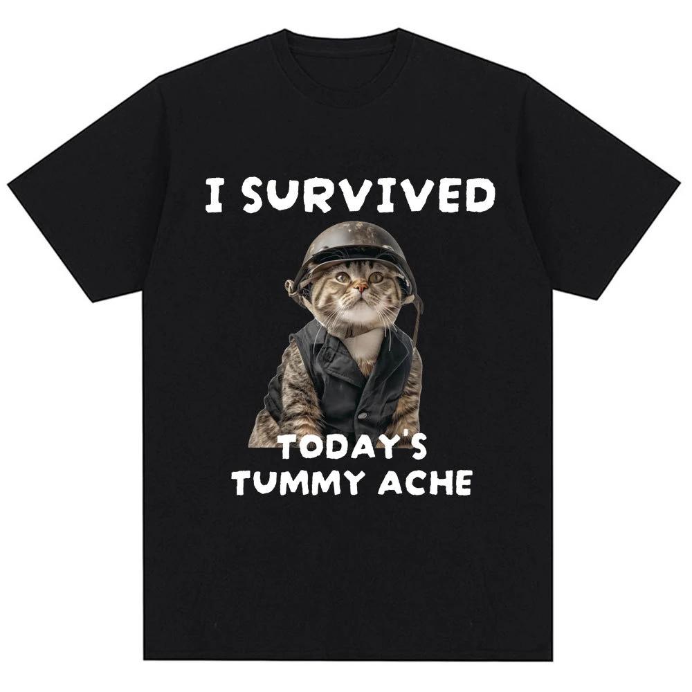 Thousand Yard Stare Cat Funny I Survived Meme Tshirt Humor Style Vintage T Shirt Unisex Women Oversized Casual Streetwear Daily