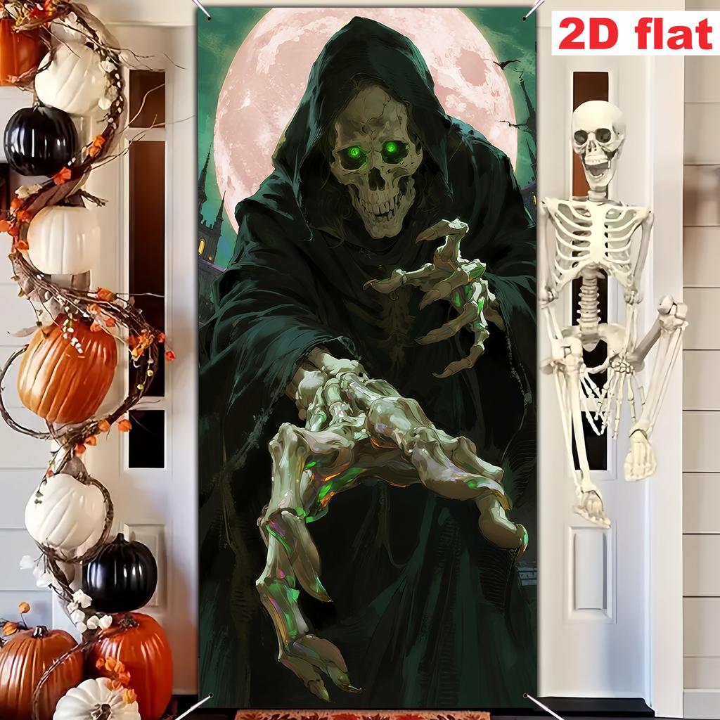 1pcs Halloween door flag with skull green glowing eyes and full moon suitable for indoor/outdoor party decoration