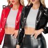 Glossy Faux Leather Women Cropped Coat Long Sleeve Solid Color Lapel Jacket Ladies Clubwear Cosplay Party Performance Festival Costume