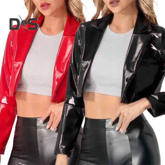 Glossy Faux Leather Women Cropped Coat Long Sleeve Solid Color Lapel Jacket Ladies Clubwear Cosplay Party Performance Festival Costume