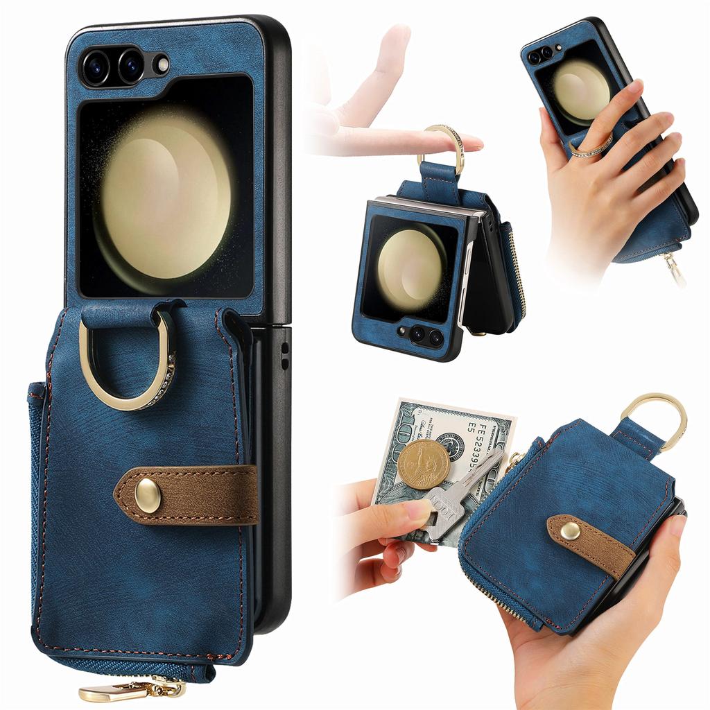 For Samsung Galaxy Z Flip7 FE 5G/Z Flip6 5G Case Zipper Pocket Finger Ring Retro Leather+PC Phone Cover