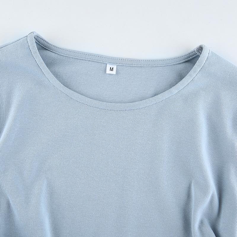 Сексуальные облегающие укороченные топы с круглым вырезом и длинными рукавами, осенняя женская трикотажная однотонная футболка с нерегулярной завязкой на шнурке