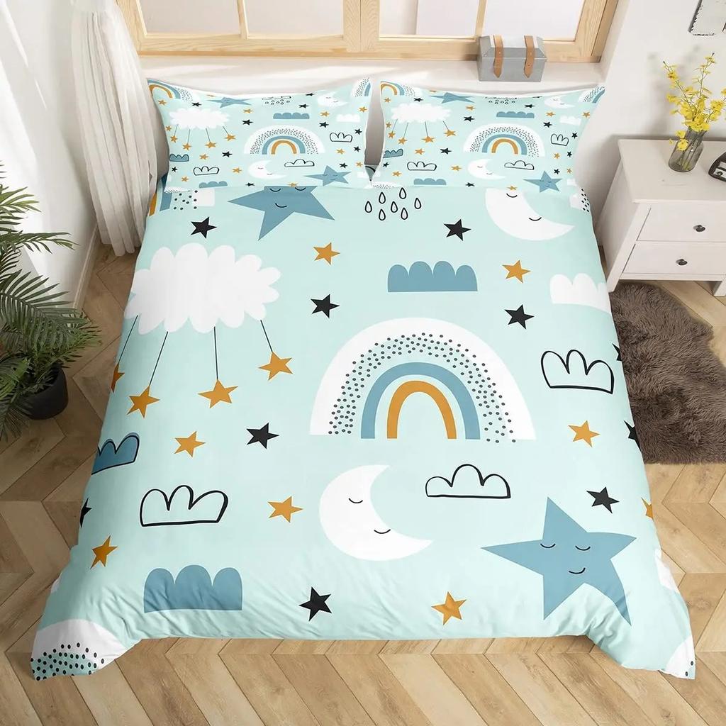 Red Valentine'S Day Rainbow Duvet Cover Twin Size,Cartoon Love Heart Bedding Set For Girls Women Moon Leaves Comforter Cover