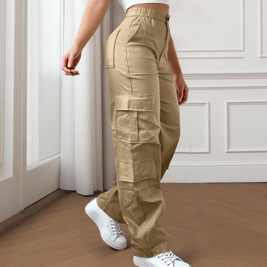 Womens Elastic High Waisted Cargo Pants Stretch Casual Wide Leg Streetwear Parachute Hiking Pants With Pockets