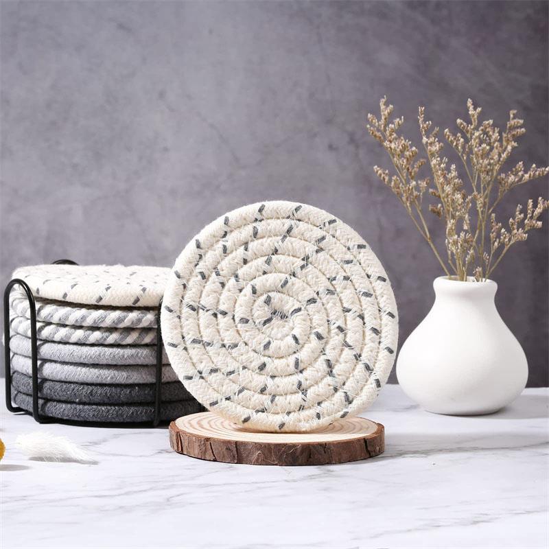 8Pcs Cup Coasters For Drinks Absorbent Woven Coaster Set With Holder Farmhouse Cloth Fabric Cup Coasters For Coffee Tea