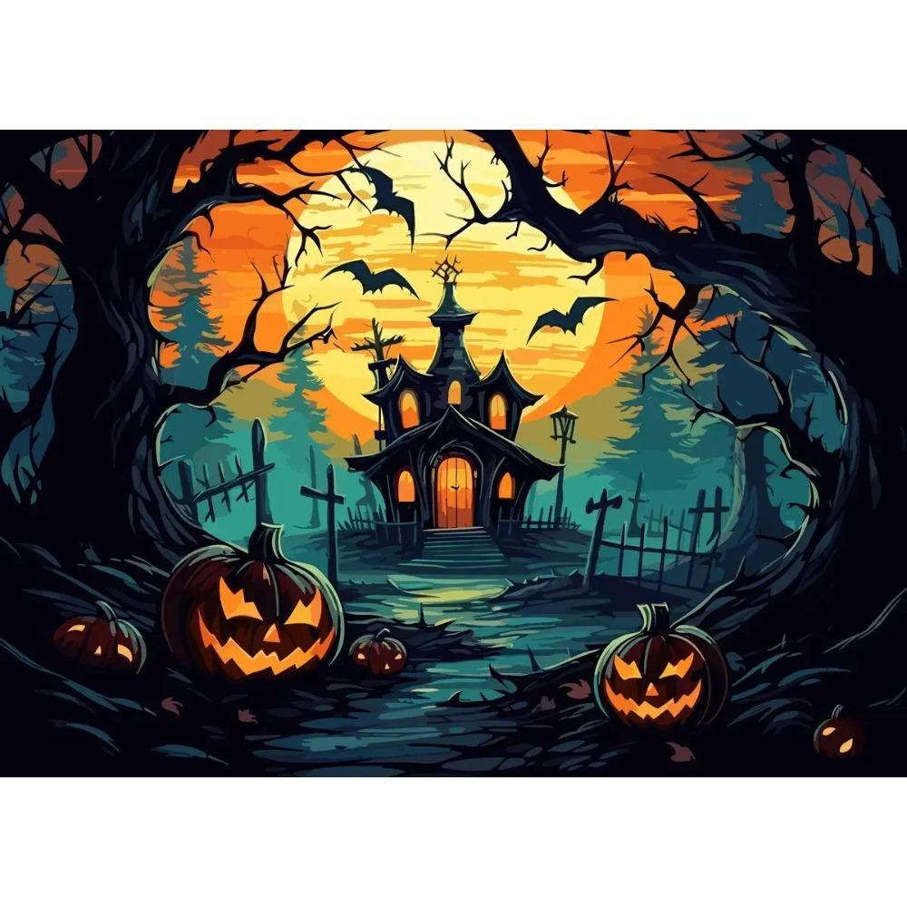 A Classic Vintage Wall Art Pumpkin Black Cat Ghost Painter Halloween Night, Printed Poster, Home Living Room Bedroom Decoration
