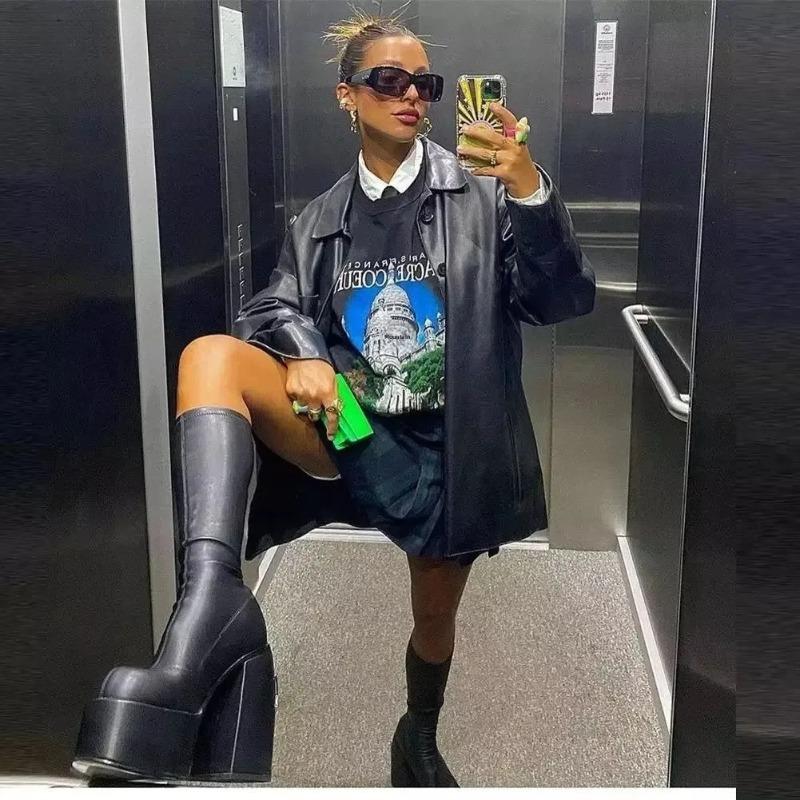 2025 Новые Большого размера Ботинки до колена с квадратным носком и толстым каблуком Женские Зимние на резиновой подошве