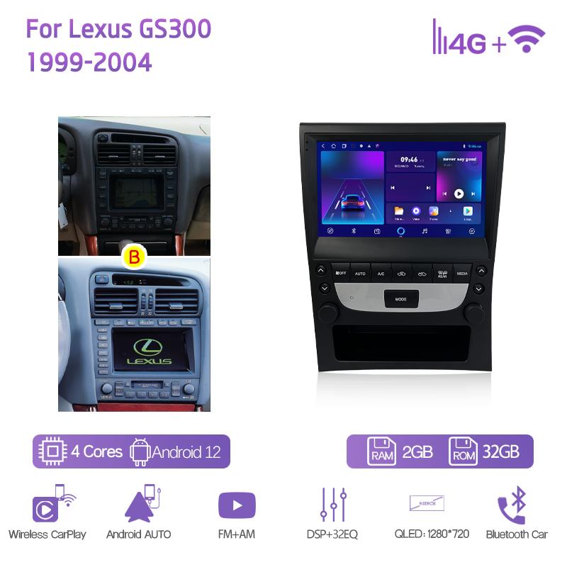 9,0 дюймов Для Lexus GS300 1999-2004 GPS Навигация Радио Android12 8+128 ГБ 8 ядер CarPlay 4G Камера 360 Автомобильный мультимедийный видеоплеер