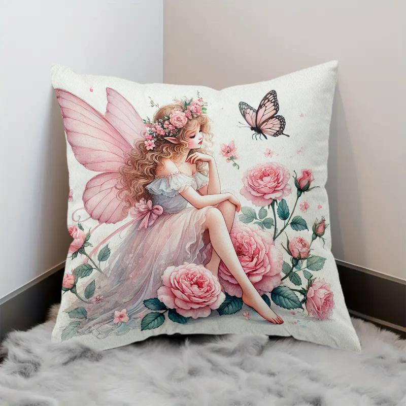 2D Flat - 1pc Double-Sided Exquisite Style Fairy And Butterfly Print Pillowcase | Machine Washable, Zipper Closure, Suitable for Bed, Sofa, And Home D