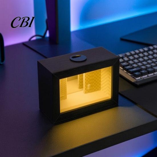 Игровой стол Декоративный элемент Деревянная светодиодная фоторамка Ночник, Зеркальная иллюзия Бесконечный туннель Настольная лампа, Матовый черный Пылезащитный