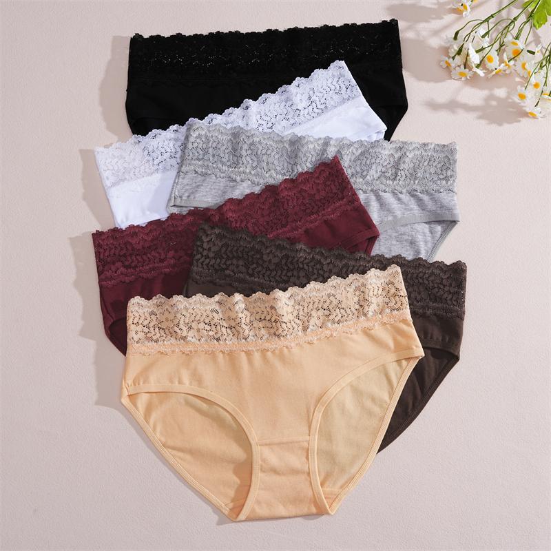 FINETOO 2Pcs Women Cotton Seamless Underwear Sexy Lace Waist Patchwork Panties Female Solid Briefs Plus Size Breathable Lingerie