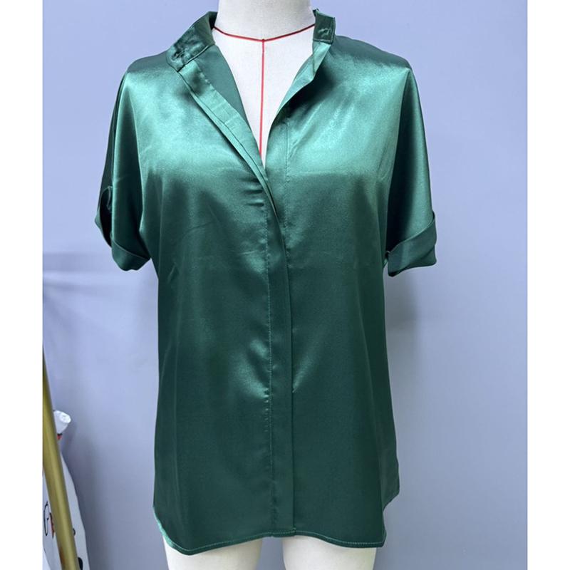 Модная однотонная атласная повседневная рубашка с коротким рукавом, женские летние топы, элегантные простые блузки с воротником-стойкой, женские узкие офисные рубашки на пуговицах 26558