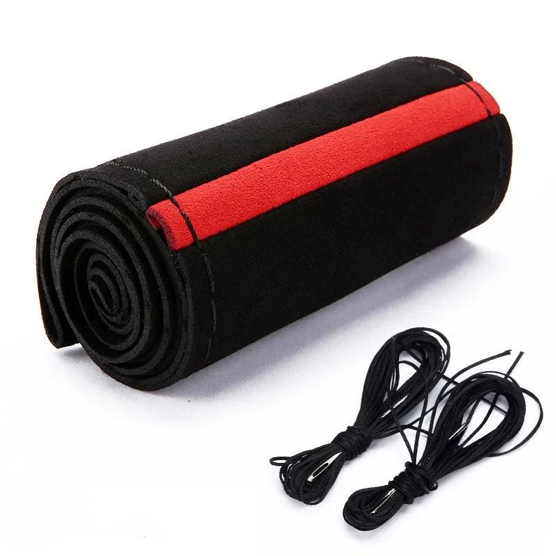 Черный замшевый чехол на руль с иголками и нитками, оплетка своими руками, чехол на руль автомобиля диаметром 38 см, автомобильные аксессуары