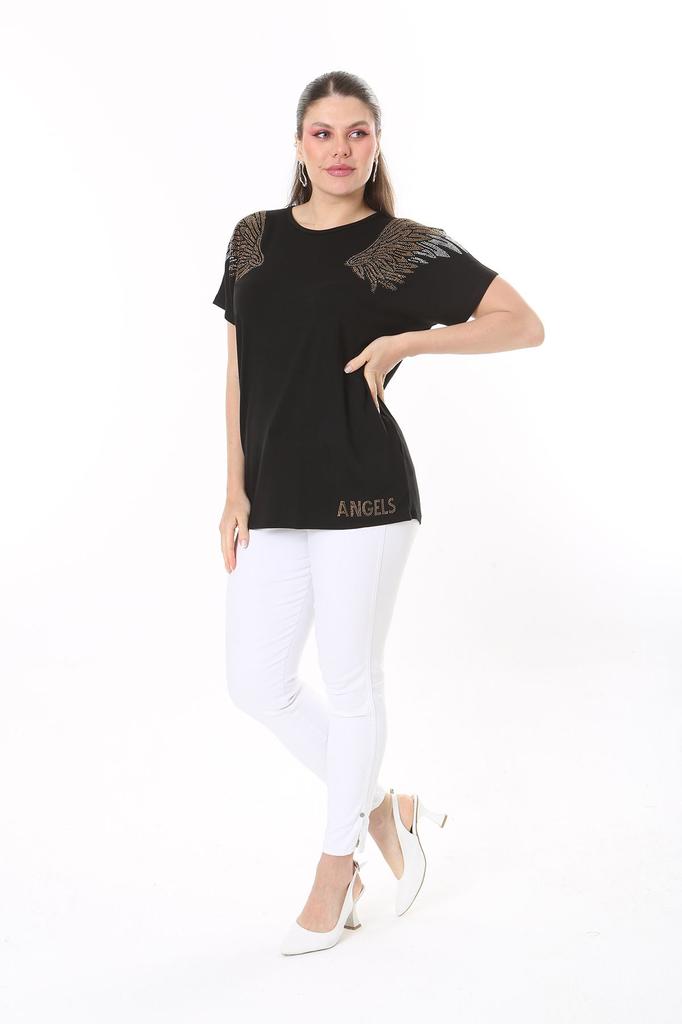 Женская блузка большого размера, черная блузка с короткими рукавами и камнями больших размеров, черные ангелы