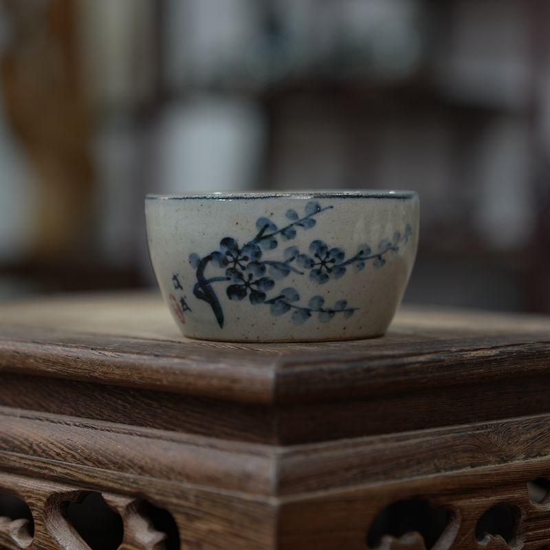 Набор расписанных вручную сине-белых чашек из грубой керамики - Керамическая чашка для чая Гунфу, Маленькая чашка для чайной церемонии Пуэр