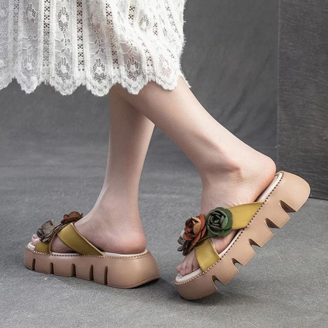 Johnature Женские туфли ручной работы с открытым носком в стиле ретро с цветочным принтом, легкие уличные тапочки из натуральной кожи на толстой подошве