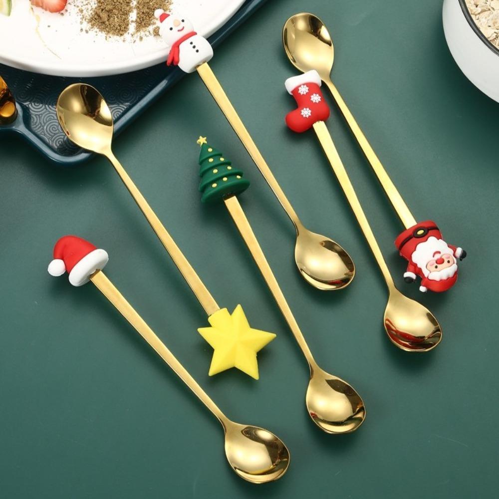 4/6pcs Gold Silver Spoon Fork Set Merry Christmas Coffee Tea Spoon Dessert Fork  Birthday Gift