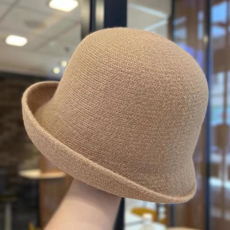 Bucket hat women's autumn and winter new solid color temperament top hat big head circumference curling women's bucket hat fashionable and versatile