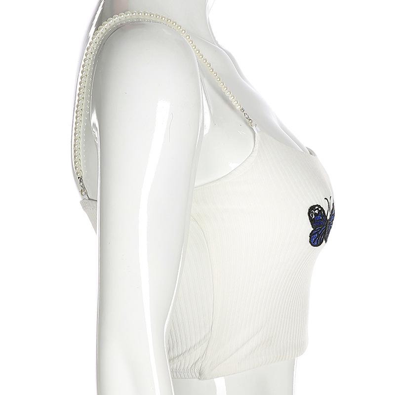 Женский укороченный топ с вышивкой в виде бабочки и жемчужными бретелями, облегающий топ