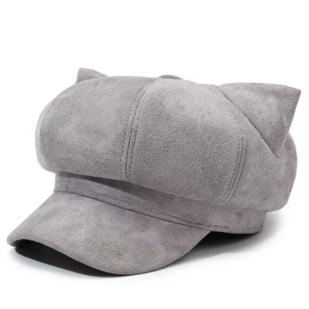 Adjustable Newsboy Cap Solid Color Octagonal Hat Cute Cat Ear Beret Women