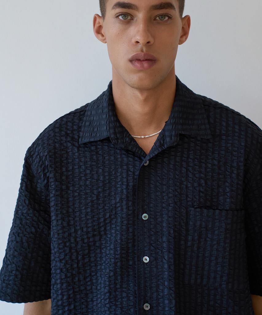 TRIP LE SENS Air Wave Seersucker Half Shirt_Navy