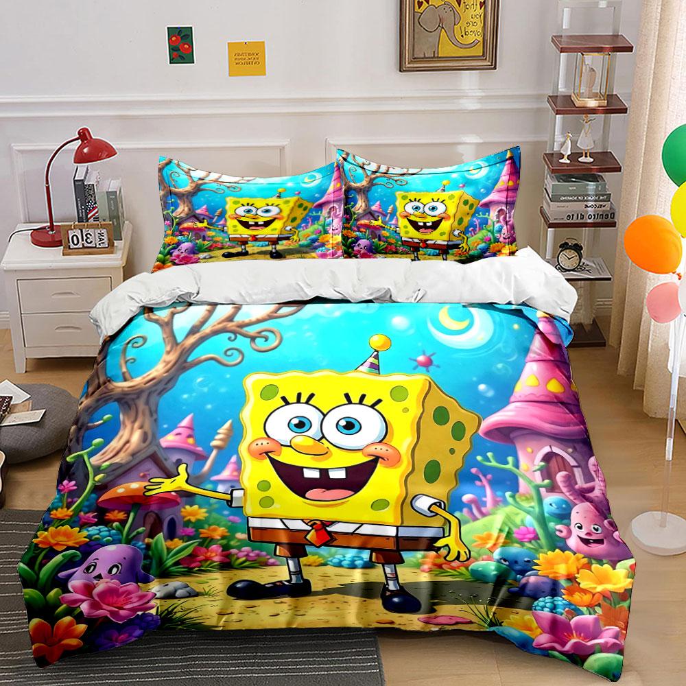 Cartoon sponge with flowers. Bedding sets Duvet cover sets Duvet covers Pillowcases(1 * Duvet Cover 2 * Pillowcases without duvet insert)
