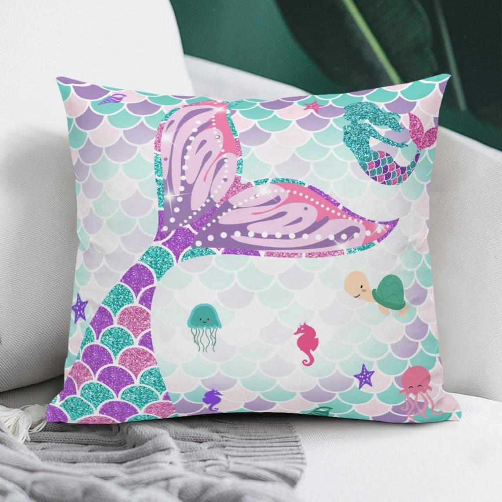 Mermaid Ocean Theme Pillowcase Cushion Cover Cute Underwater Sea Life Print for Girls Bedroom Nursery Decor Throw Pillowcase