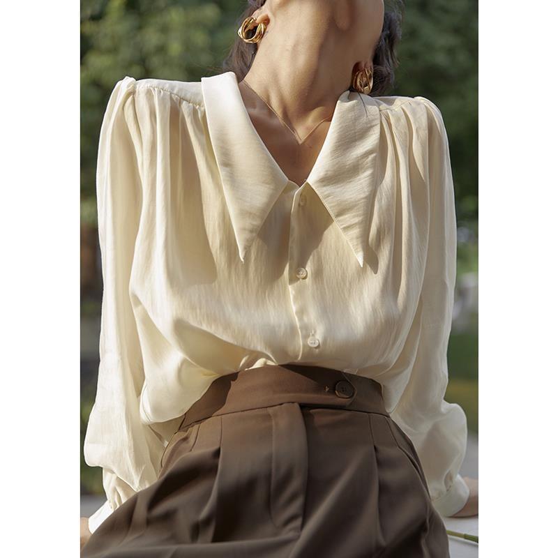 Винтажные элегантные шифоновые блузки Y2K, женские рубашки в стиле «старые деньги» с пышными рукавами, шикарная офисная одежда с v-образным вырезом, повседневные сексуальные сетчатые топы