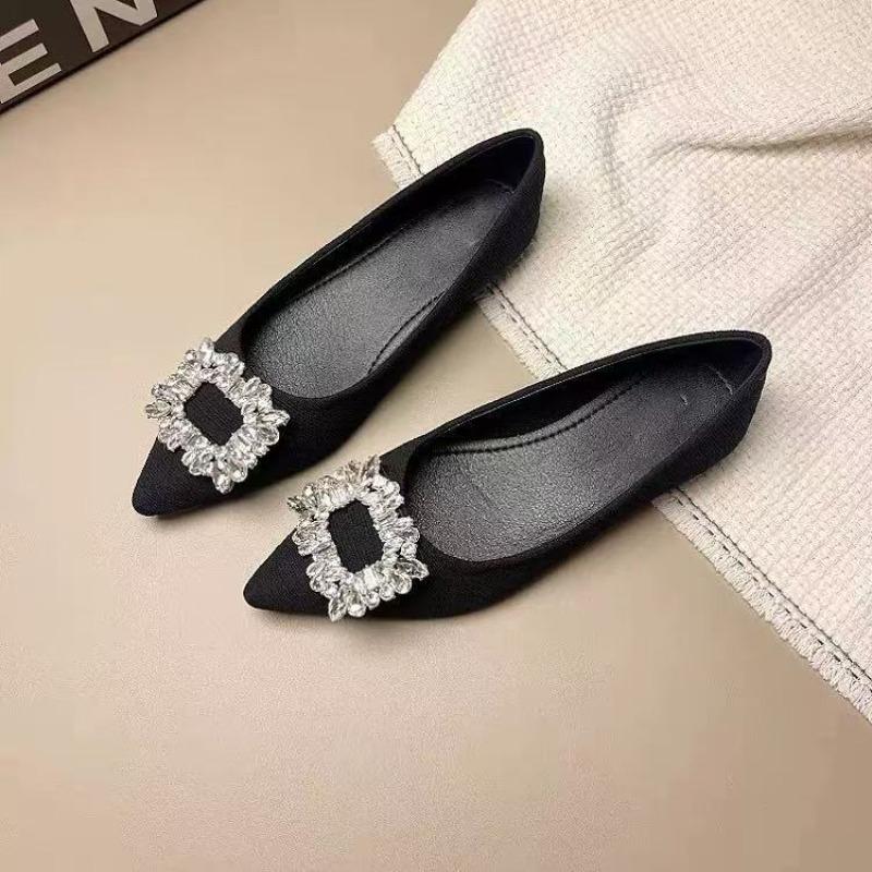 New Women's Buckle Rhinestone Shoes Design Sense Pointed Flat Bottom Fashion Celebrity Niche Single Shoes