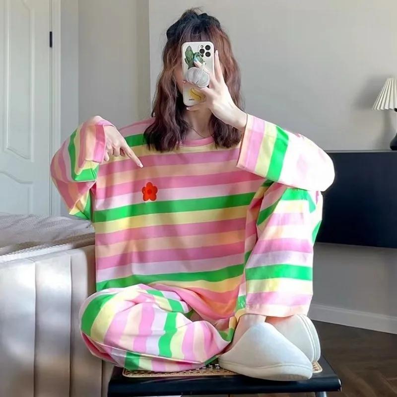 Long Sleeved Pajamas Set Women Autumn Student Girls Rainbow Loungewear Can Be Worn Outside Loose Clothes