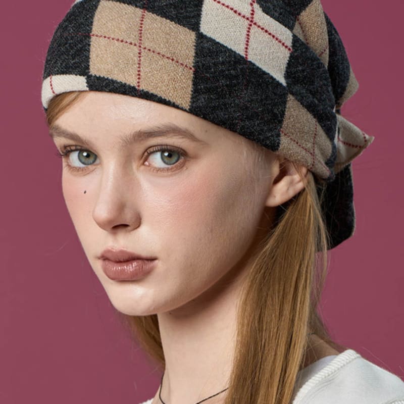 KOLEAT Argyle Knit UV Protection Bandana Hair Scarf Handkerchief [Black_beige] Fall/Winter ver.