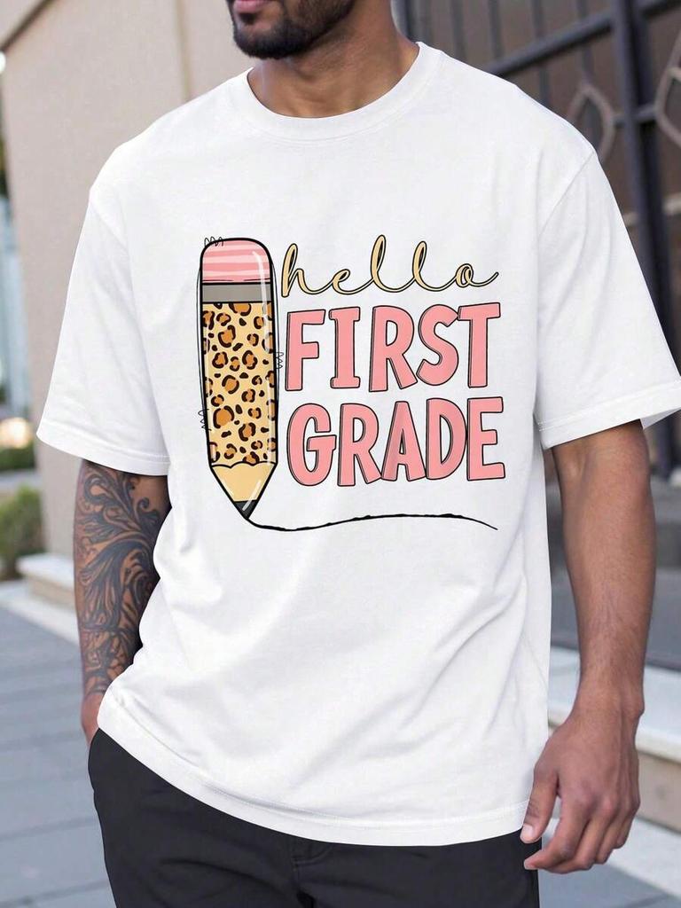 Unisex's Casual Round Neck Short Sleeve First Day Of School Girls Back To School Hello First Grade T-Shirt