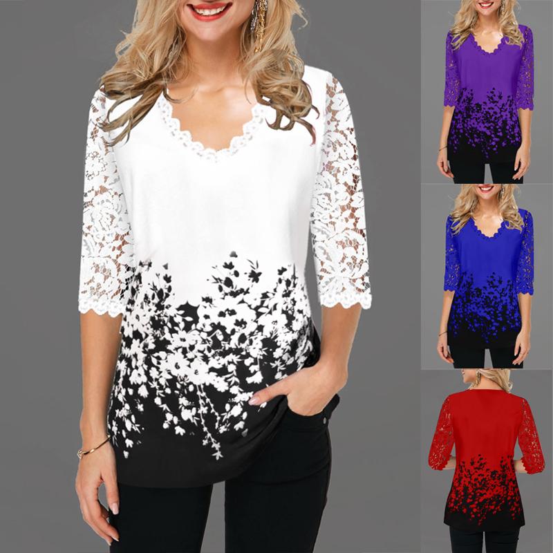 Women's Fashion Lace V Neck Half Sleeves Lace Tops Loose Printed Pullover T-shirt Casual Blouse