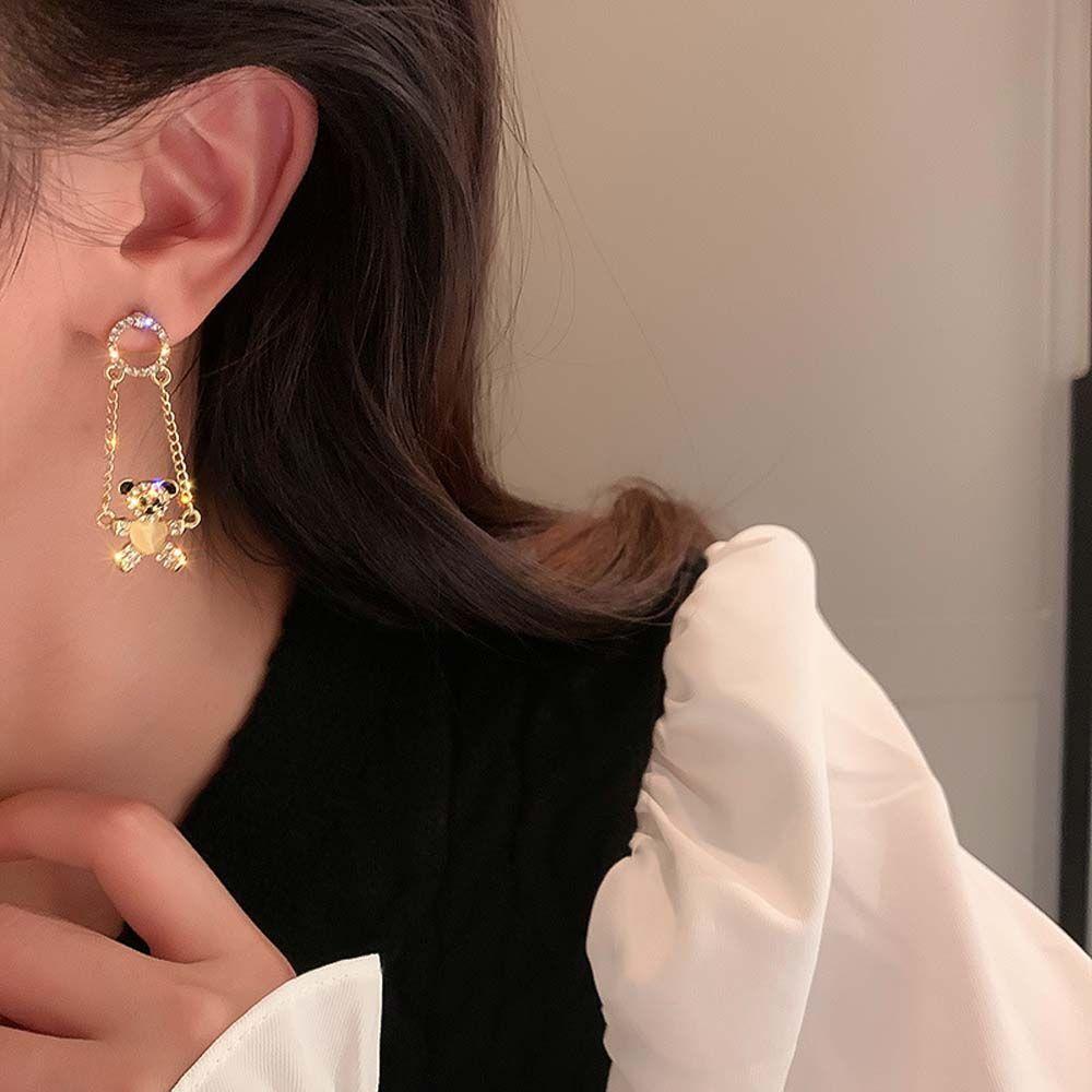 Silver Needle Rhinestone  Round Korean Style Bear Dangle Earrings Women Earrings Ear Studs