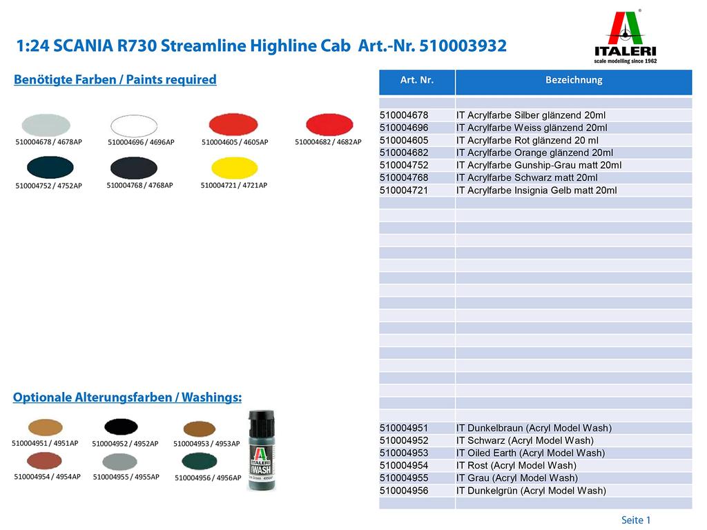 Italeri Масштаб 1/24 Тягач Scania R730 Streamline IT3932