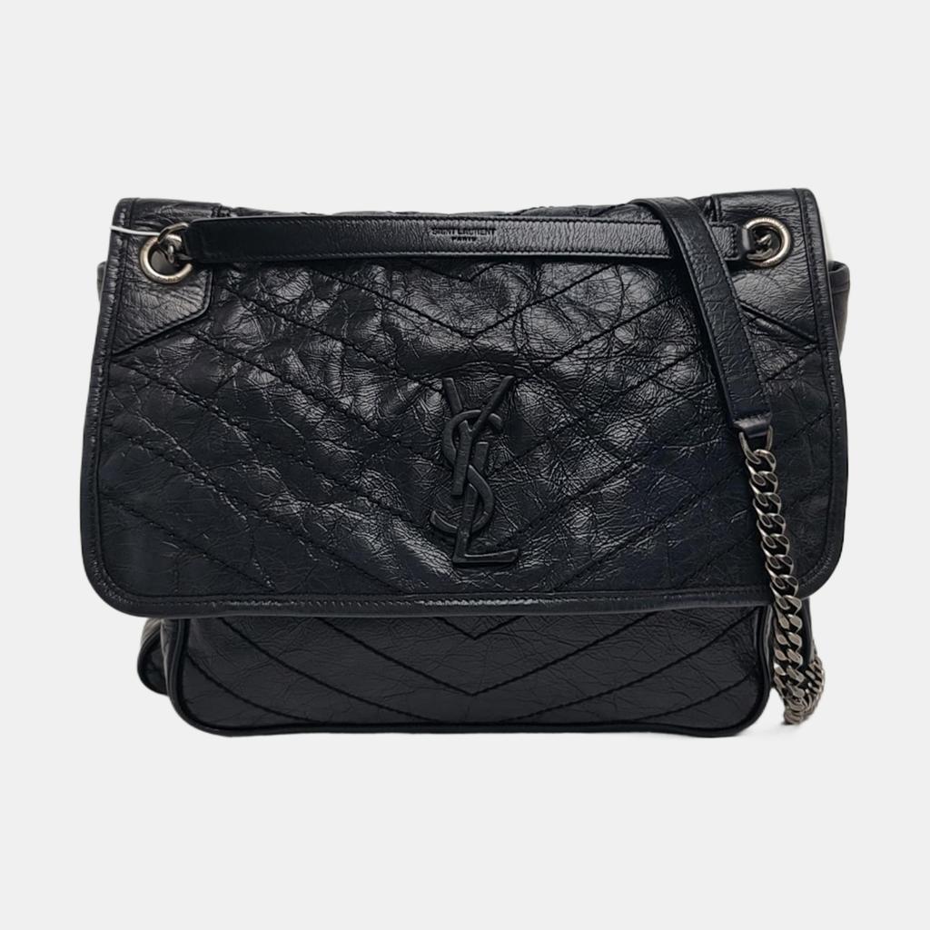 [Pre-Owned] Ysl Niki Silver Chain Black Label Logo Vintage Pleated Leather Crossbody Shoulder Bag - Very Good #1Q3DUDX