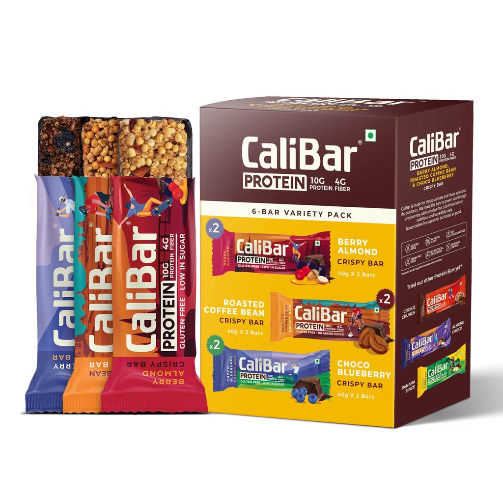 CaliBar Протеиновый батончик 10г - Ягодный Миндаль + Жареное Кофейное Зерно + Шоколадно-Черничный Хрустящий Батончик (Комбинированный набор из 6 штук) Разнообразный набор, С настоящим кофе, С
