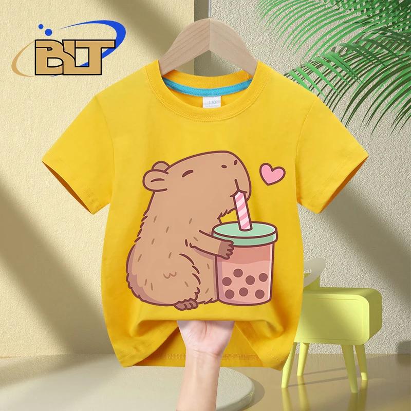 Милая детская футболка с принтом Capybara Loves Bubble Tea, летние детские повседневные топы из чистого хлопка с короткими рукавами, подарки для мальчиков и девочек