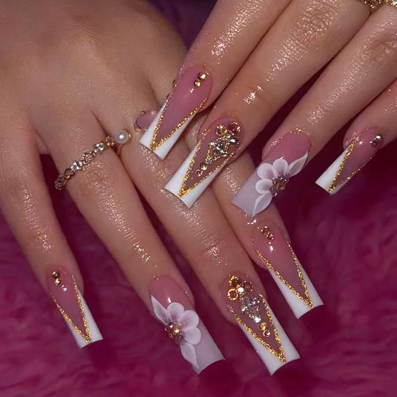 24PCS/set Quick Nails Extra Long French Ballet Manicure Stickers Warm Color Plaid Fake Nails Wearable Manicure DIY Finished Nail Stickers