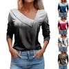 Women's Casual Fashion Print Long Sleeve Lapel V Neck Button Pullover Top