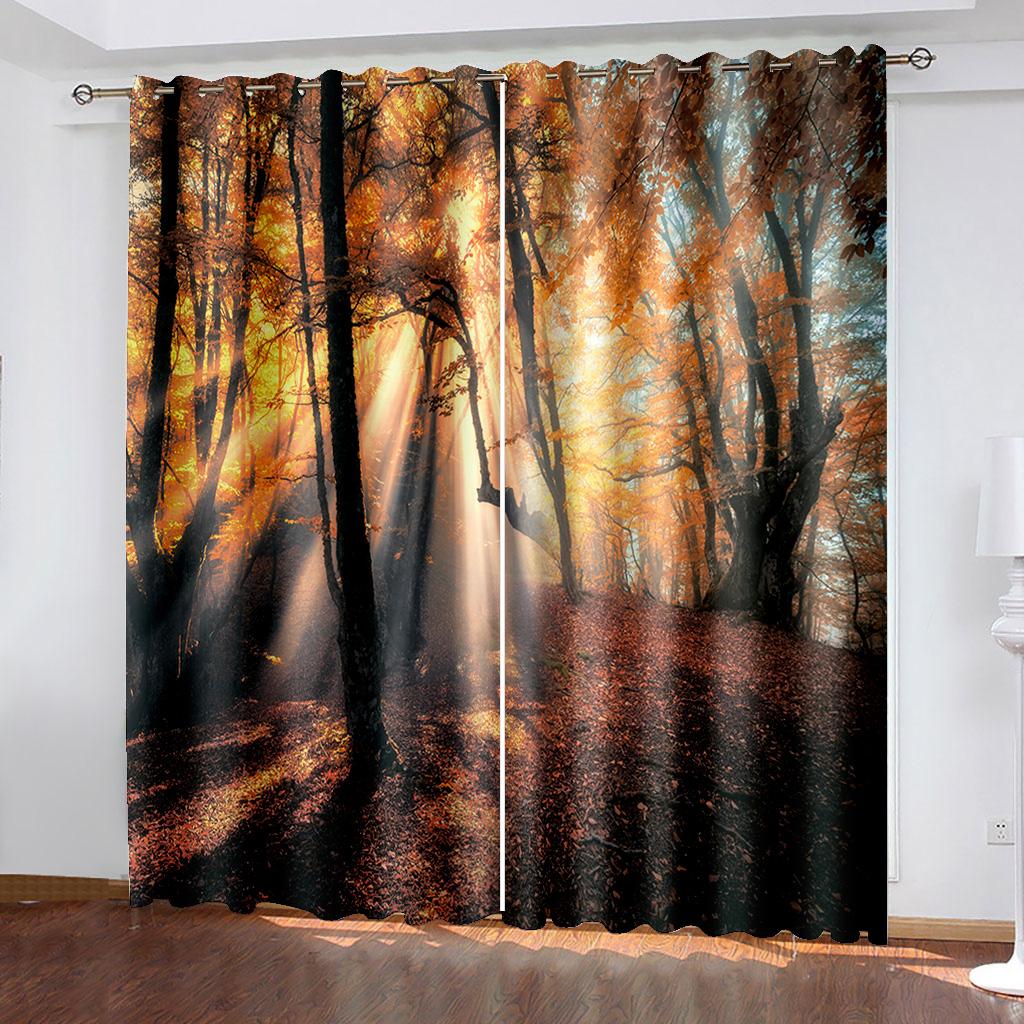 Spring and Autumn Forest Scenery Series Sunshade Curtains 2 Pieces for Living Room Bedroom Home Decoration Hook Perforation