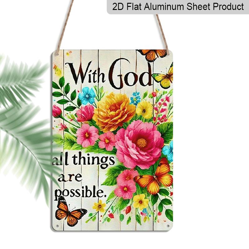 2D Flat 1pc Vintage Metal Wall Art Sign "with God All Things Are Possible" - Floral & Butterfly Bible Verse Decor, 12x8 Inch Rustic Farmhouse