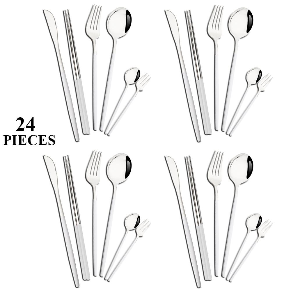 Набор столовой посуды из белого золота, 24 предмета, Посуда из нержавеющей стали, Нож, Вилка, Ложки, Чайная ложка, Палочки для еды, Набор столовых приборов, Кухонные столовые приборы
