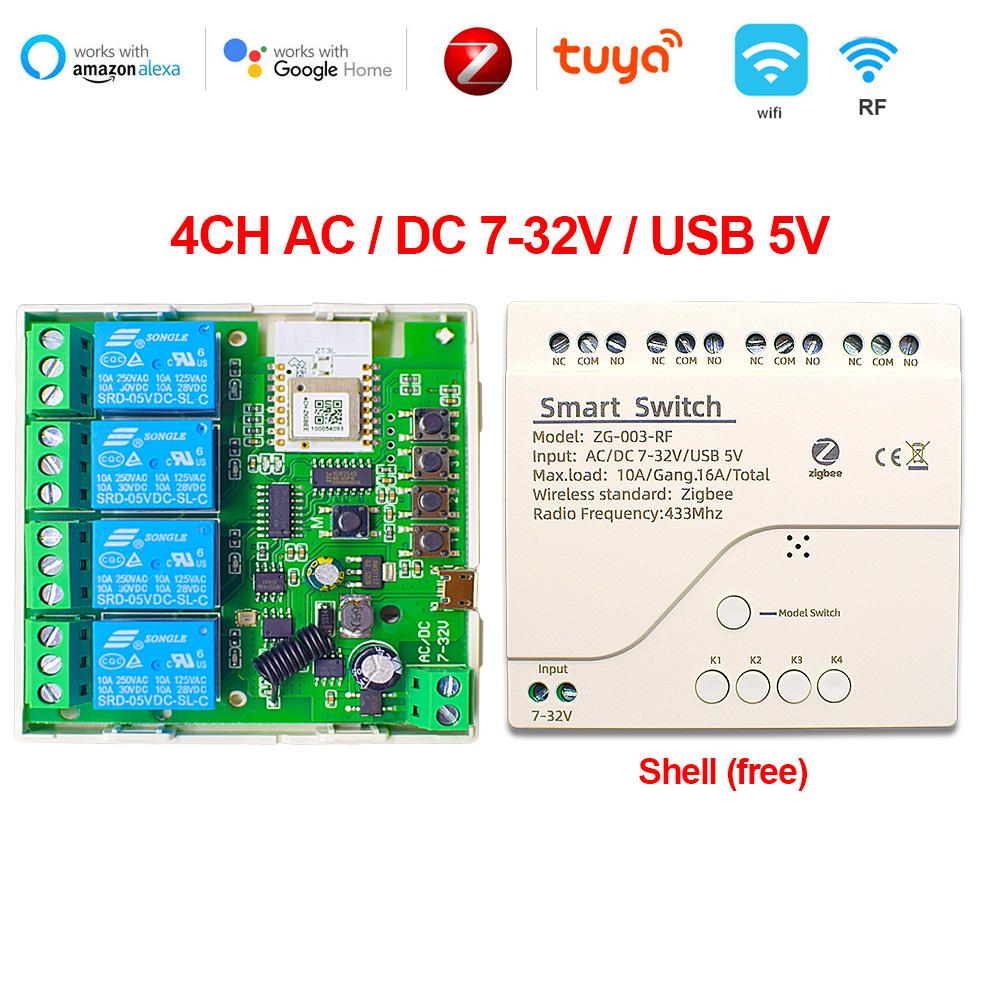 4-канальный модуль коммутатора Zigbee Smart Life Gate 12 В 24 В 32 В 220 В 1/2/4-канальное реле RF433 для шлюза 2MQTT SmartThings Tuya APP