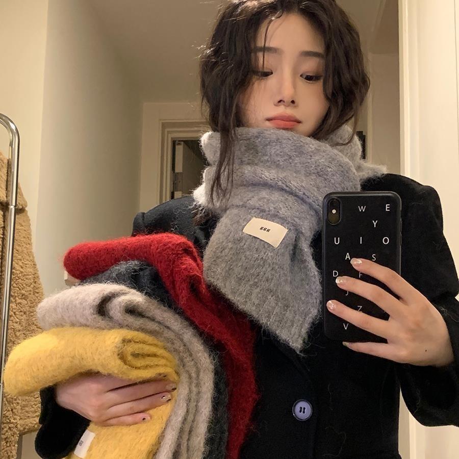 Knitted Wool Scarf With Wool Content, Women'S Autumn And Winter Extended Version, Thick And Luxurious, Solid Color Cashmere Scarf