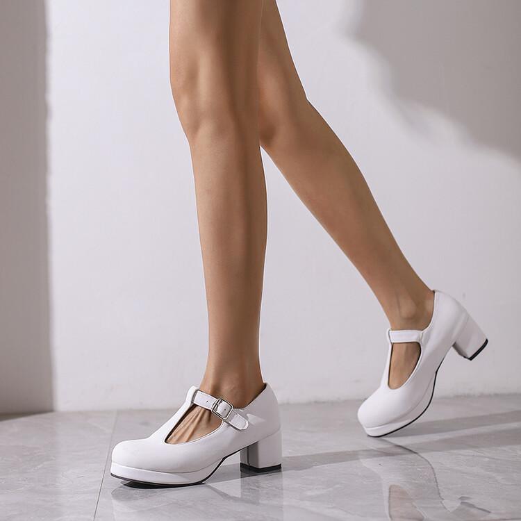 Женские туфли-лодочки на толстом высоком каблуке с круглым носком и Т-образной завязкой с пряжкой для вечеринки, лаконичная модная весенне-осенняя обувь, белый, синий, зеленый, фиолетовый
