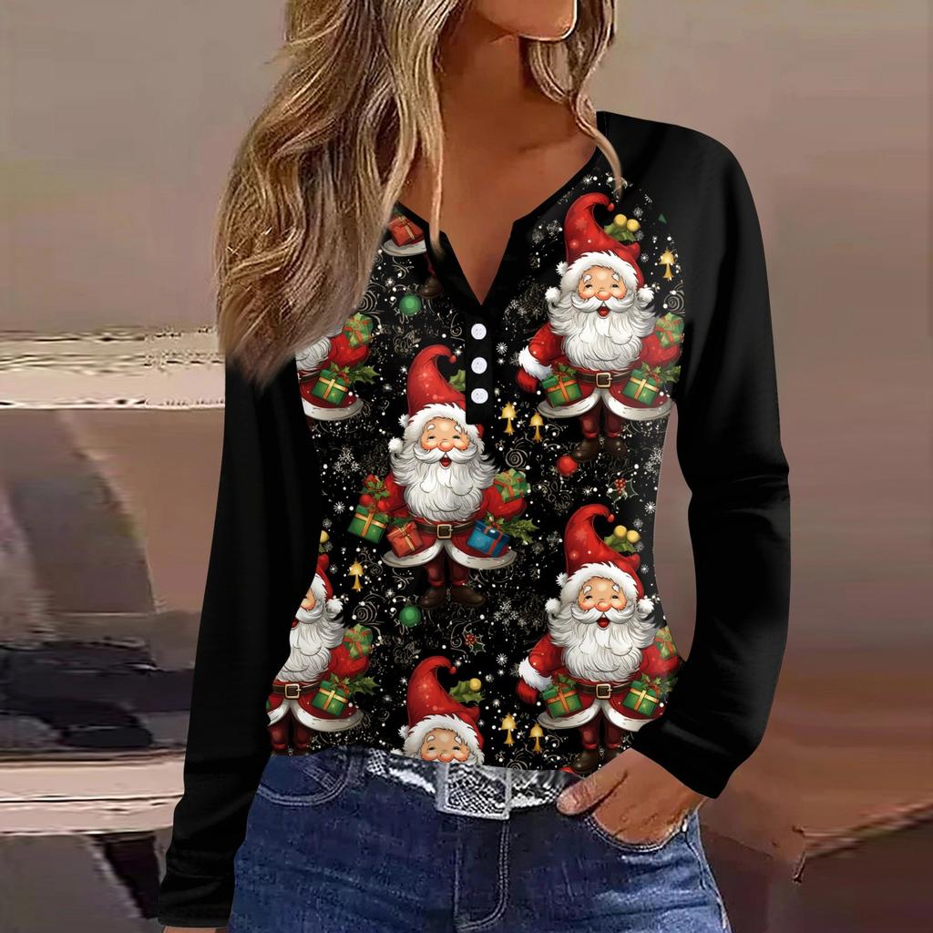 Women's Fashion Casual Christmas Print V-Neck Raglan Sleeves With Decorative Buttons Long Sleeved T-Shirt Top