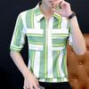 New Summer Men's Short-sleeved Shirt Hairstylist Striped Semi-zipper Youth Trendy Handsome Five-point Shirt
