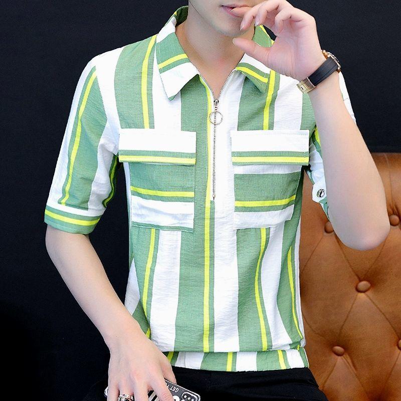 New Summer Men's Short-sleeved Shirt Hairstylist Striped Semi-zipper Youth Trendy Handsome Five-point Shirt
